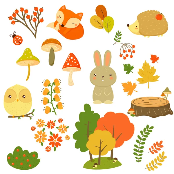 Sonbahar orman bitki ve hayvan, düz stil vektör çizim