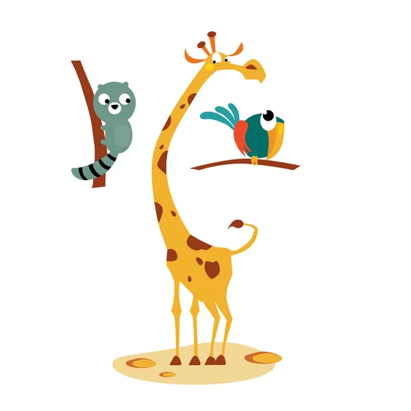 Girafa, Lemour e Bird. Ilustração vetorial em estilo plano — Vetor de Stock
