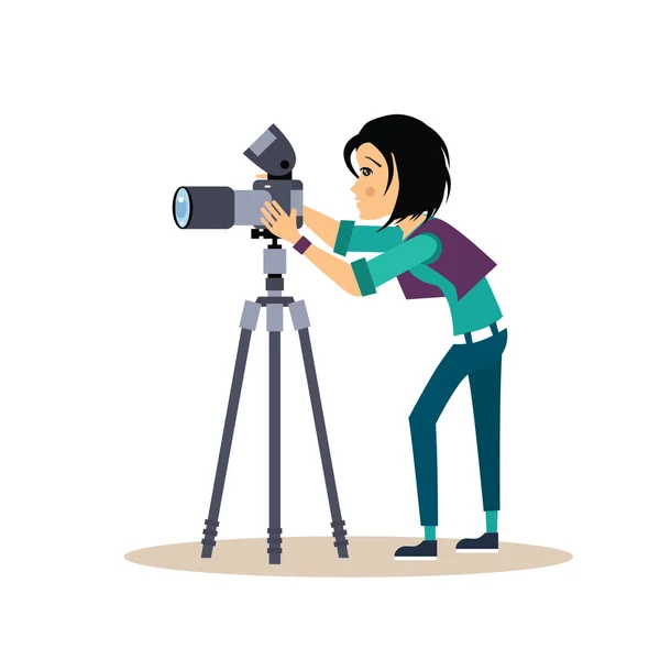 Girl Photographer with Tripod in Flat Style. Vector Illustration — Stock Vector