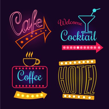 Neon Signs of Cafe, Hotel and Cocktail. Isolated Vector Illustration