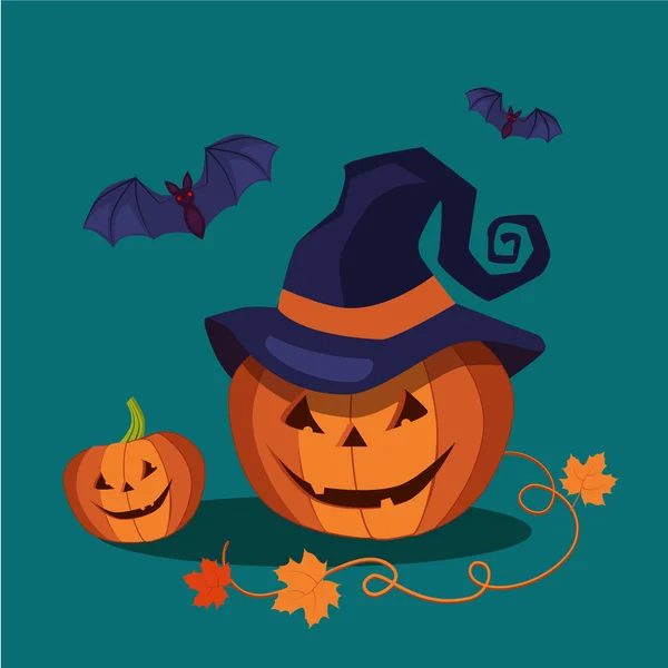 Zucca intagliato halloween indossando un cappello a punta strega — Vettoriale Stock
