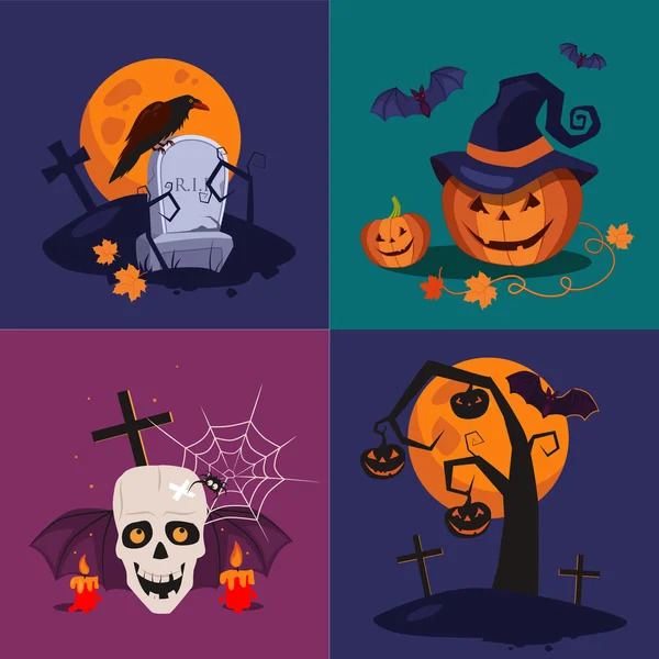Calabaza de Halloween, Calavera y conjunto de ilustración de vectores de tumba — Vector de stock