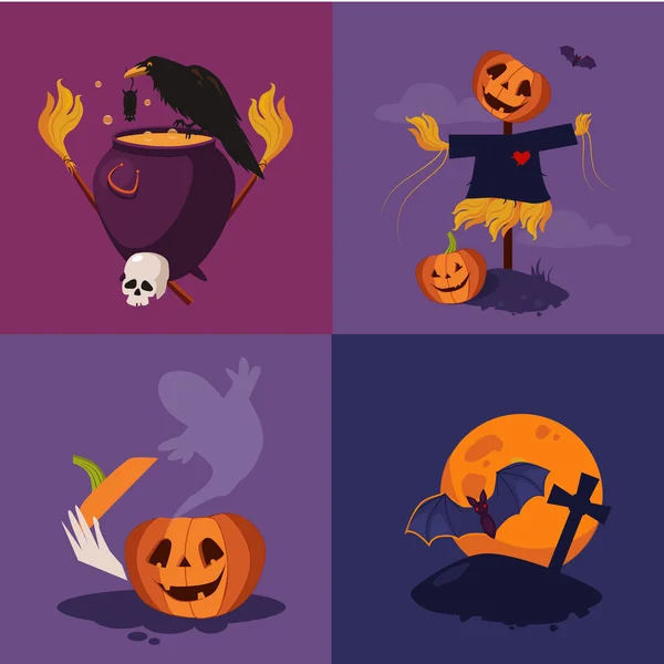 Calabaza de Halloween, caldero y espantapájaros conjunto de ilustración vectorial — Vector de stock