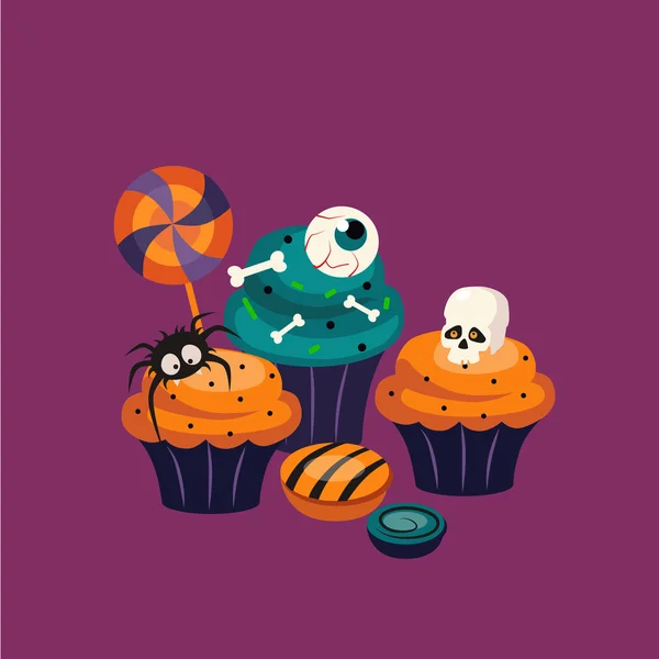 Halloween Sweets and Decorated Cupcakes — Stock Vector