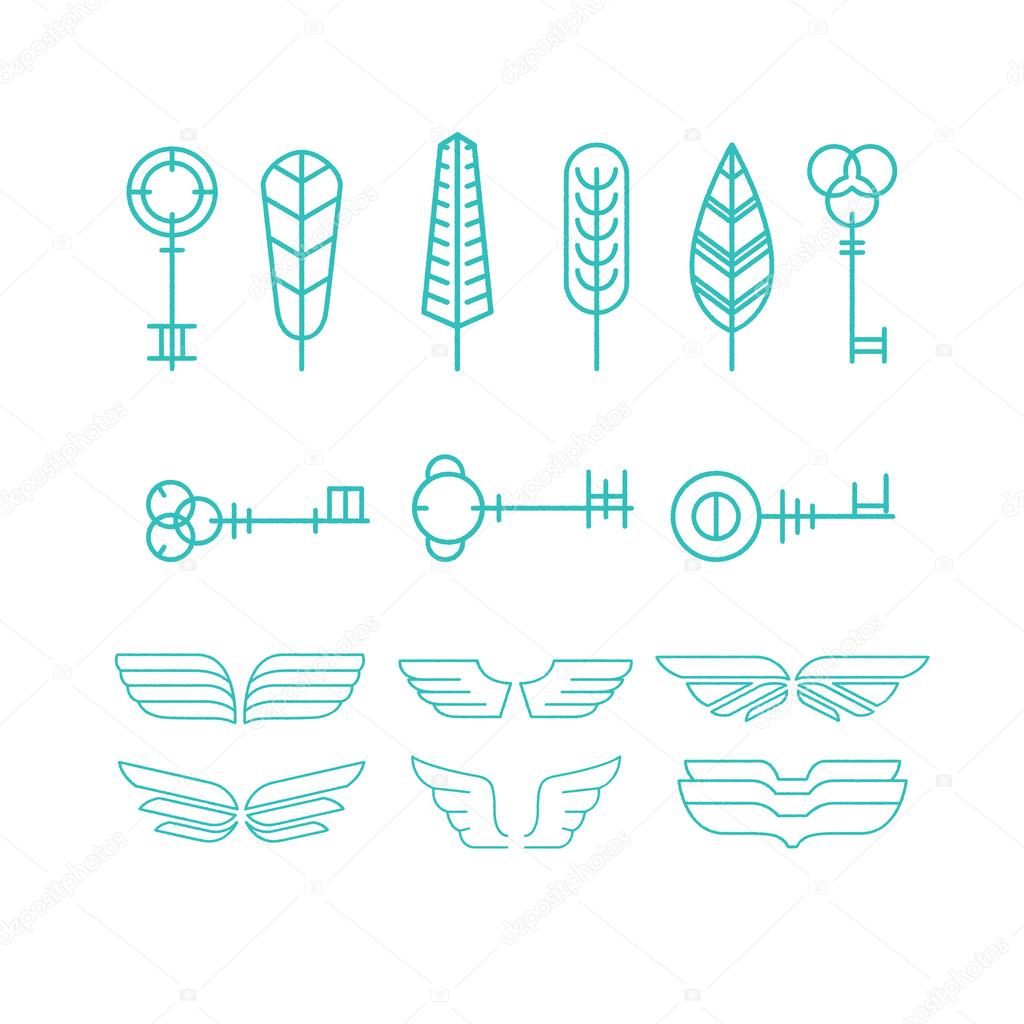 Feather, key and wing Set in Linear Style, Vector Illustration