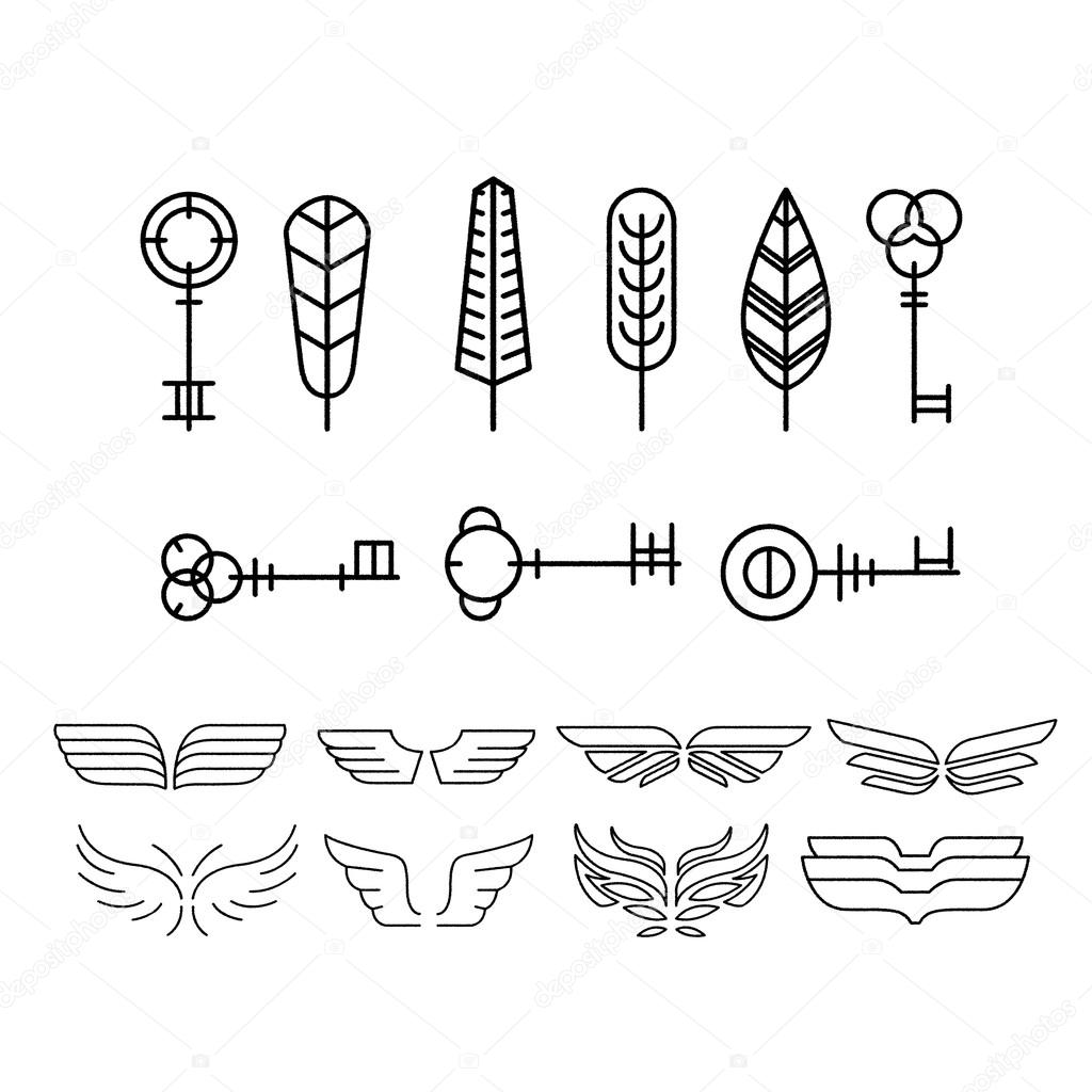 Vector set of feathers, keys and wings in trendy linear style, tattoo concepts and logo design elements. Vector Illustration set