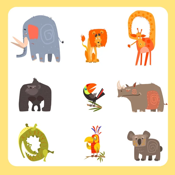 Safari Animals and Birds Vector Illustration Set, Flat Design — 스톡 벡터