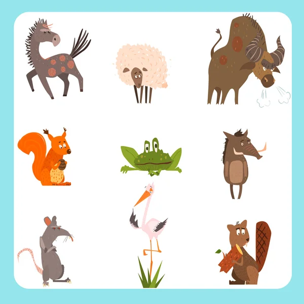 Domestic and Wild Animals Vector Illustration Set in Flat Style — Stock Vector