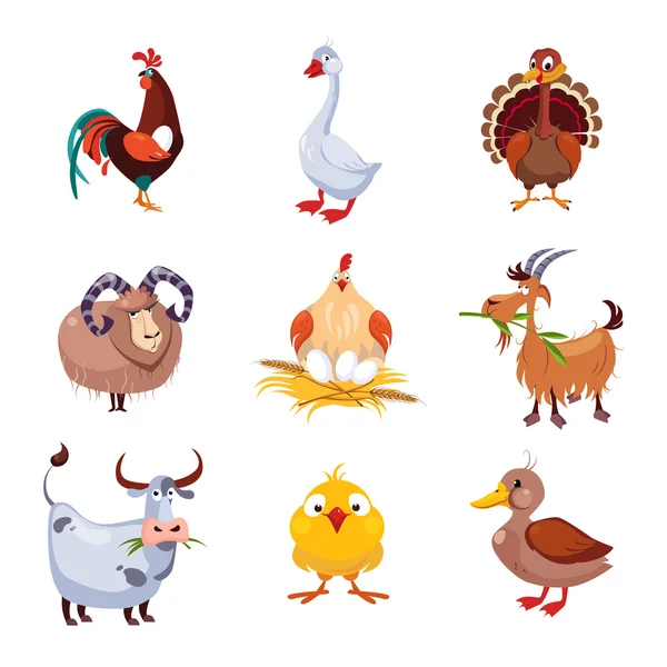 Farm Animal and Birds Vector Illustration Set. Design plano — Vetor de Stock