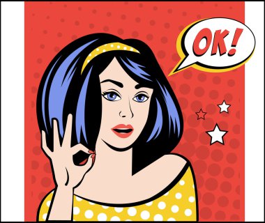 Tamam konuşma balonu Popart tarzı olan kız. Vektör çizim