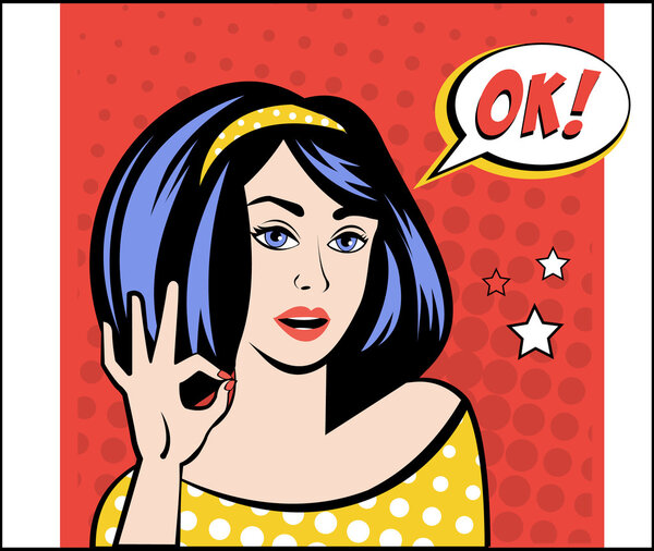 Girl with OK Speech Bubble in Popart Style. Vector Illustration
