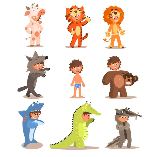 Niños pequeños con disfraces de animales . — Vector de stock