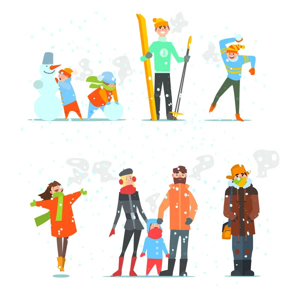 Mensen in de Winter en activiteiten — Stockvector