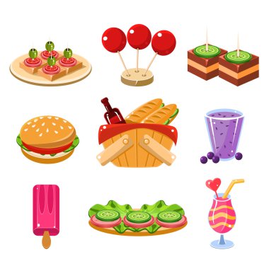 Fransız piknik gıda Icons Set