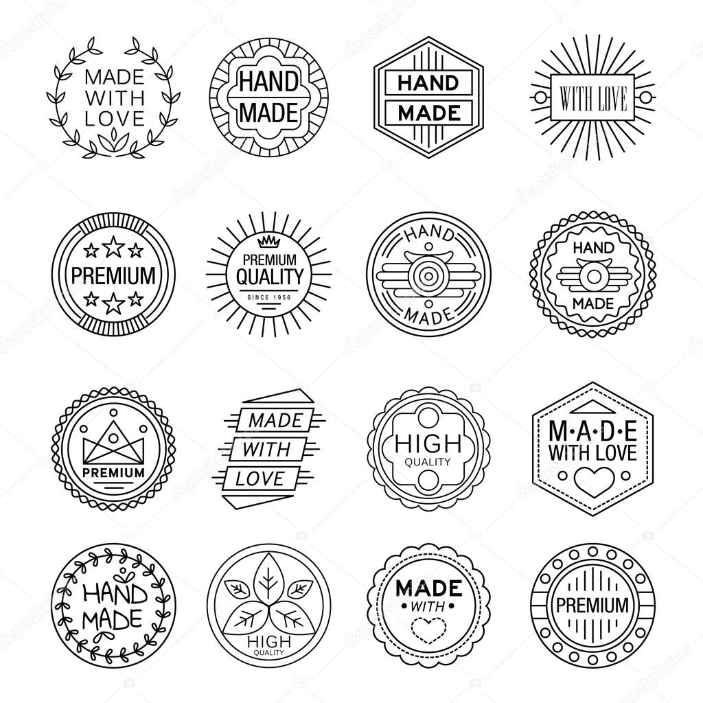 Vector illustration set of linear badges and logo design elements - hand made, made with love and handcrafted