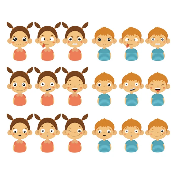 Visages mignons de fille et de garçon montrant différentes émotions — Image vectorielle