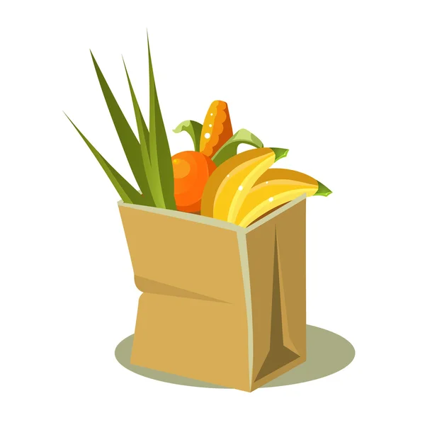 Bolsa de papel marrón con comida. Ilustración vectorial — Vector de stock