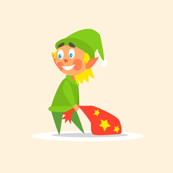 Elfo de Navidad llevando bolsa de regalo — Vector de stock