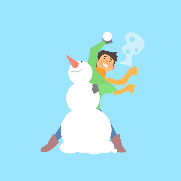 Jongen gooien Snowball en een sneeuwpop — Stockvector