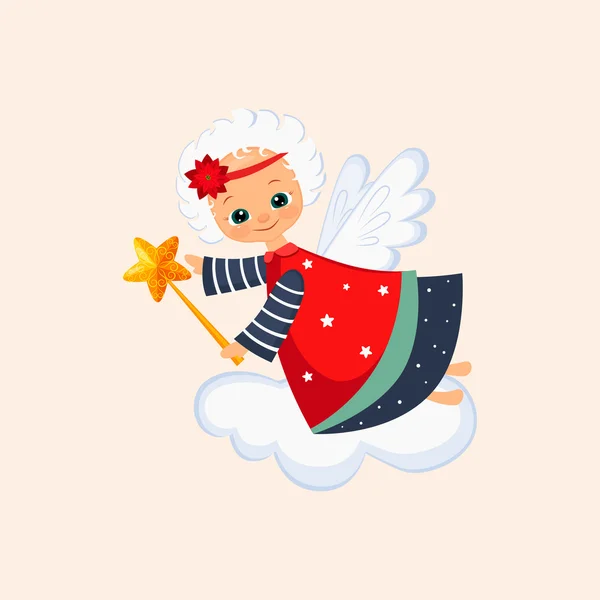 Christmas Angel with a Magic Wand. Vector Illustration — Stock Vector
