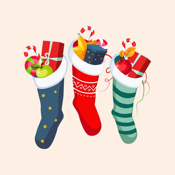 Calcetines de Navidad con regalos. Ilustración vectorial — Vector de stock