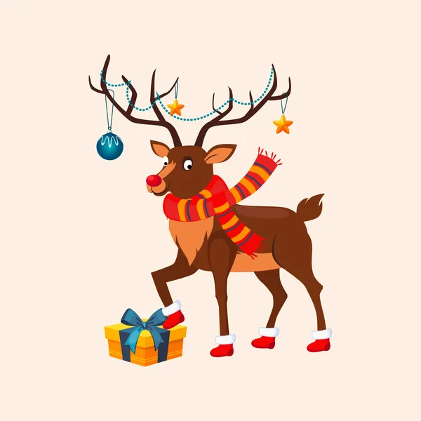 Cervo con ghirlanda natalizia sulle corna. Illustrazione vettoriale — Vettoriale Stock