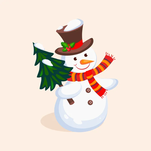 Vrolijke Snowman houden een kerstboom. Vectorillustratie — Stockvector