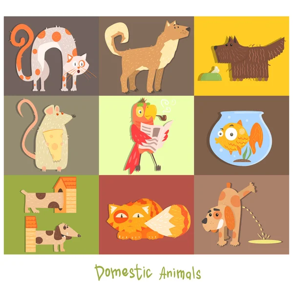 Haustiere, Katzen, Hunde und ihre Handlungen, Emotionen. Vektorsatz — Stockvektor