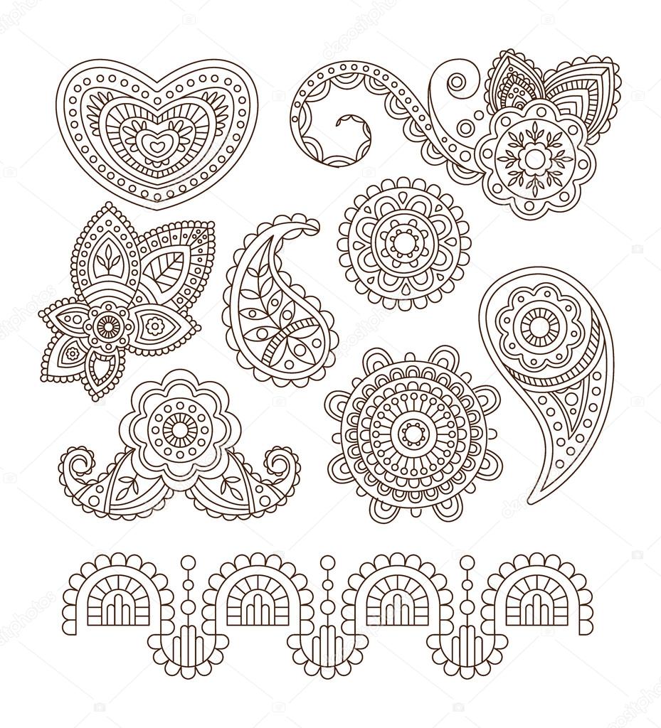 Indian Floral Ornaments, Mandala, Henna. Vector Illustration