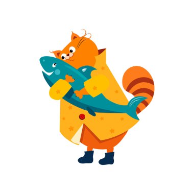 Orange Cat in a Raincoat Hugs  Fish. clipart