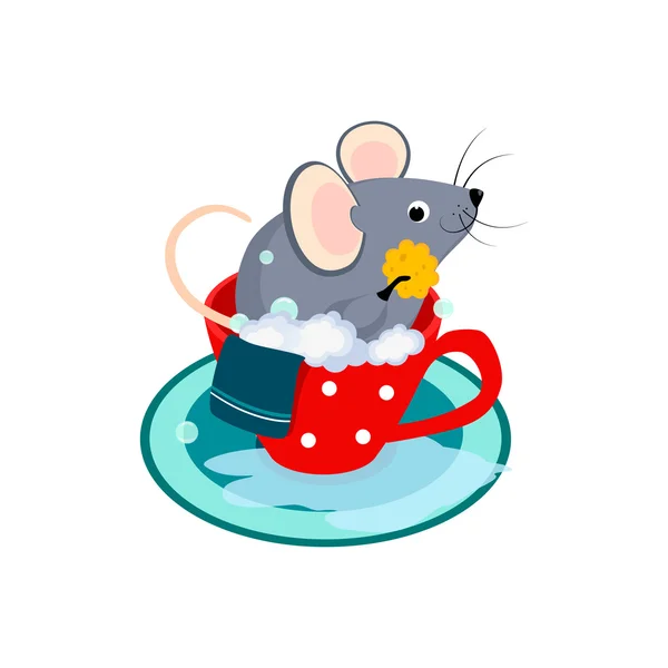 컵의 목욕에 있는 귀여운 만화 마우스 — 스톡 벡터