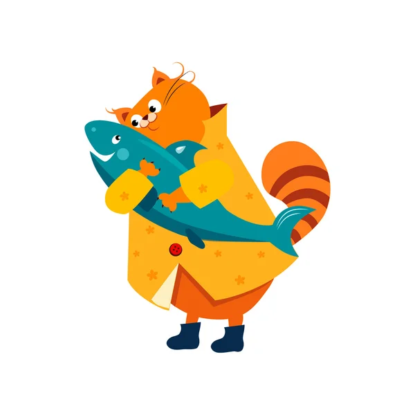 Narancssárga macska-ban egy esőkabát ölelést hal. — Stock Vector