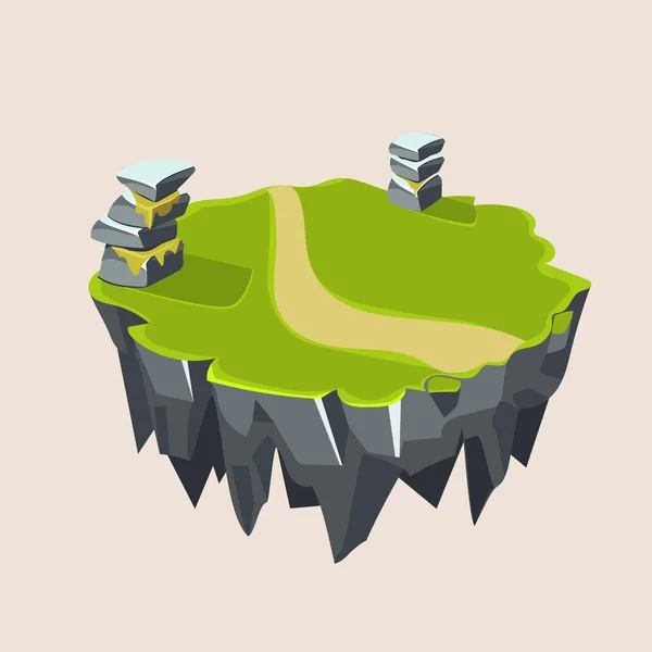 Isla isométrica cubierta de hierba de piedra de dibujos animados — Vector de stock