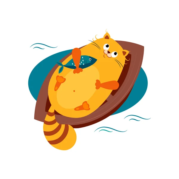 Cat on a Boat Hugging Fish Stok Vektor