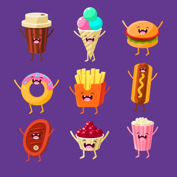 Comida rápida divertida. Platos con caras lindas , — Vector de stock