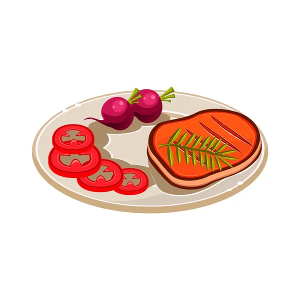 Filete con verduras en un plato . — Vector de stock