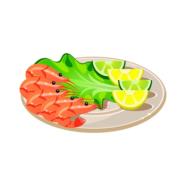 Camarones con ensalada y limón en un plato . — Vector de stock