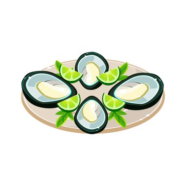 Midye bir tabak üzerinde limonlu.