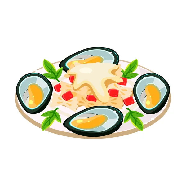 Mejillones con fideos en un plato . — Vector de stock