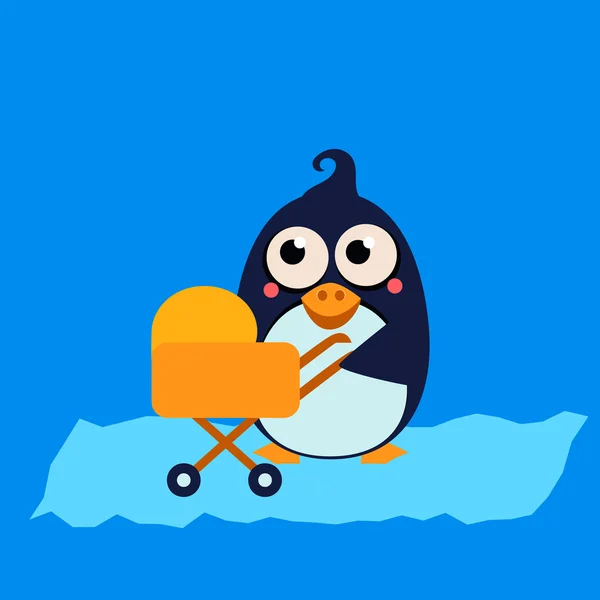 Pingvin mamma och bebis i barnvagn. — Stock vektor