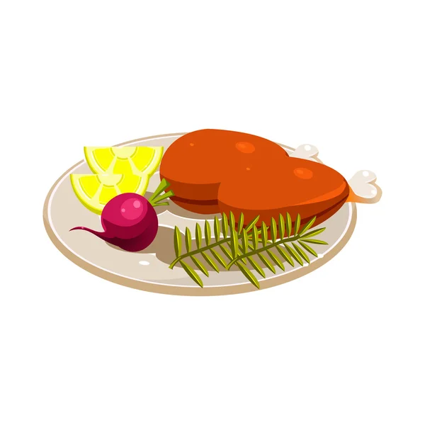 Jamón de pavo con verduras y manzanas en un plato. Ilustración vectorial — Vector de stock