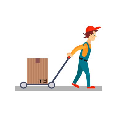 Delivery Man with a Cart Behind Him clipart