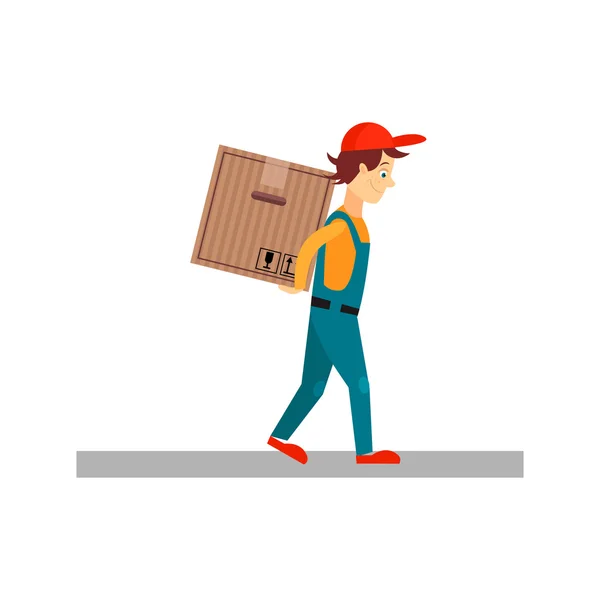 Entrega Hombre con una caja detrás de la espalda — Vector de stock