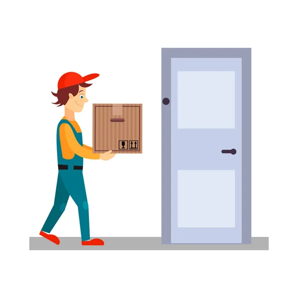 Zusteller vor der Tür mit einem Karton — Stockvektor