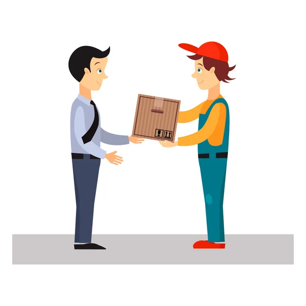 Homem de entrega dá pacote — Vetor de Stock