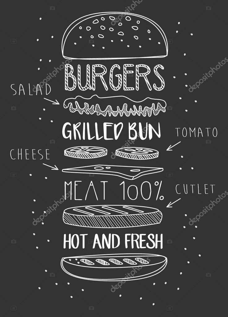 Chalk Drawn Components of Classic Cheeseburger. Vector Illustration