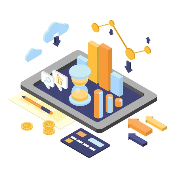 Flache 3d isometrische Business Finance Analytics, Diagramm grafischer Bericht über Tablet-Web-Infografik-Konzept — Stockvektor