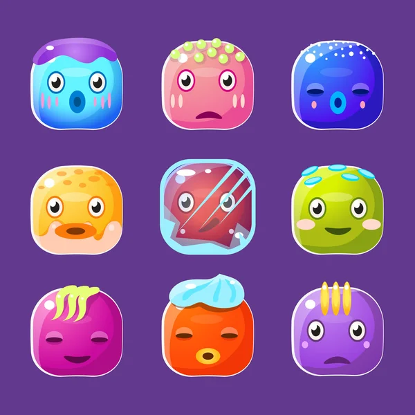 Funny Colorful Square Faces Set, Emotional Cartoon Vector Avatars - Stok Vektor