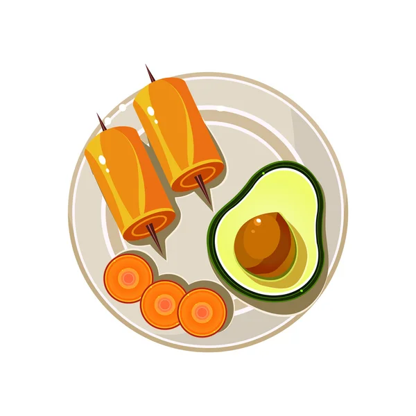 Aguacate, Rollos y Zanahoria Servido Comida . — Vector de stock