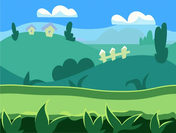 Dibujos animados sin fisuras paisaje de la naturaleza, fondo interminable con el suelo, árboles, montañas y cielo nublado capas vector — Vector de stock